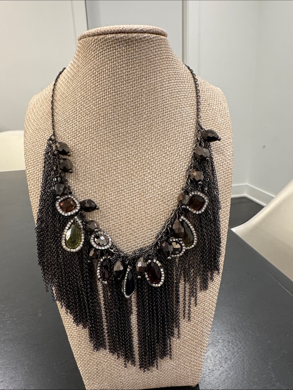 Statement Black Fringe Necklace with Multicolor Stones